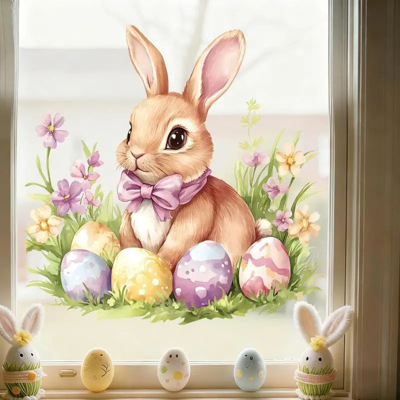 Easter Bunny & Flower PVC Window Stickers – Removable Decals
