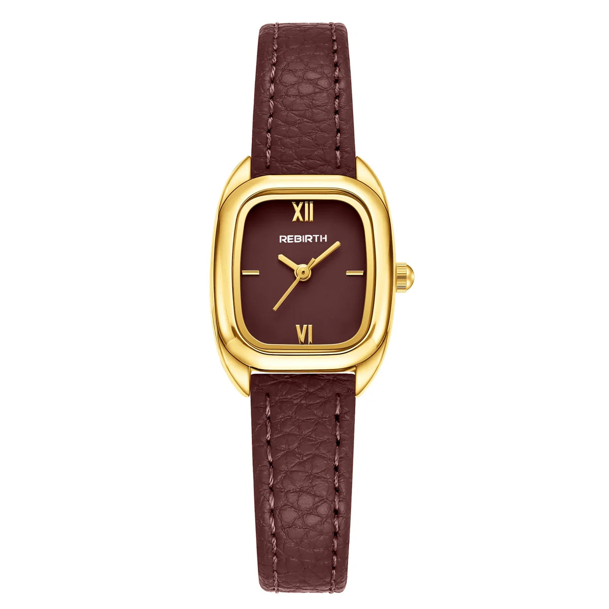 REBIRTH Square Women's Quartz Watch | Brown Leather Strap