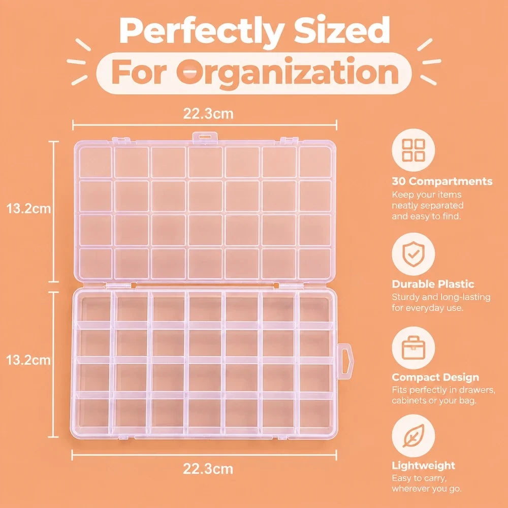 28-Cell Clear Plastic Storage Box with Dividers for Beads & Crafts