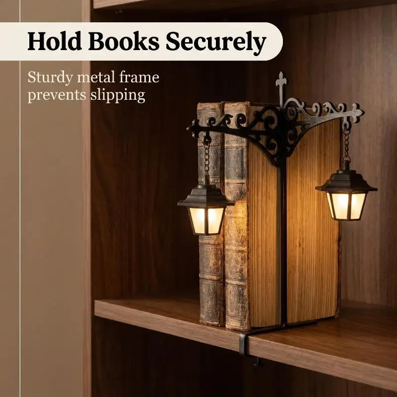 Vintage Metal Bookend Lantern with Warm LED Night Light