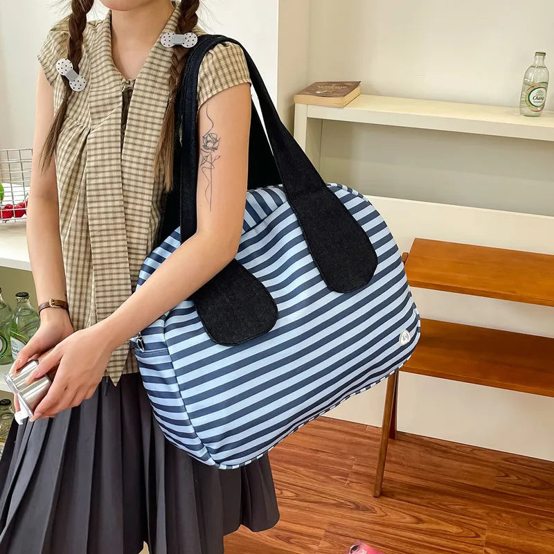 Vintage Striped Canvas Tote Bag | Korean-Style Shoulder Handbag
