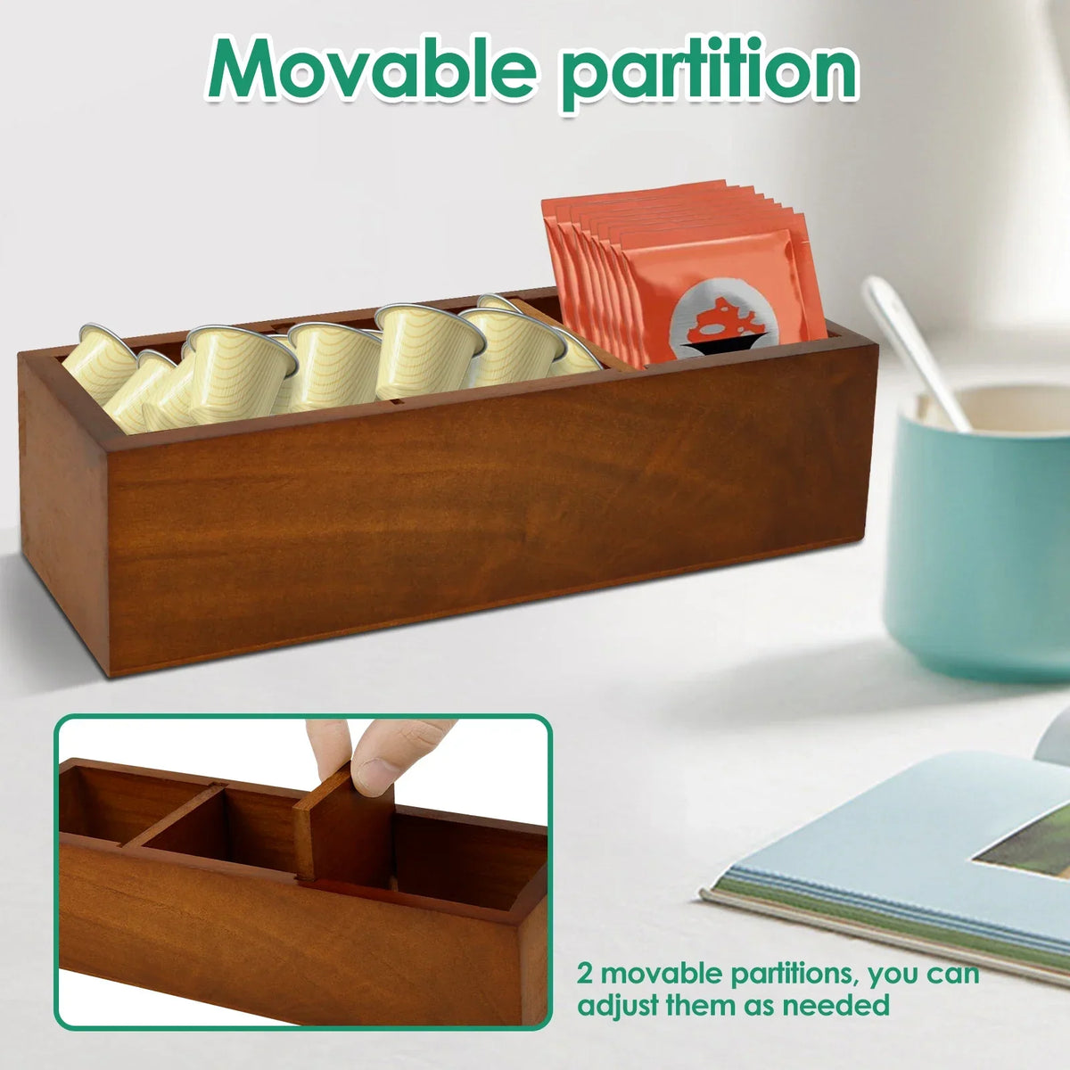 Wooden Tea Bag Organizer Box with Removable Dividers – 3 Slots