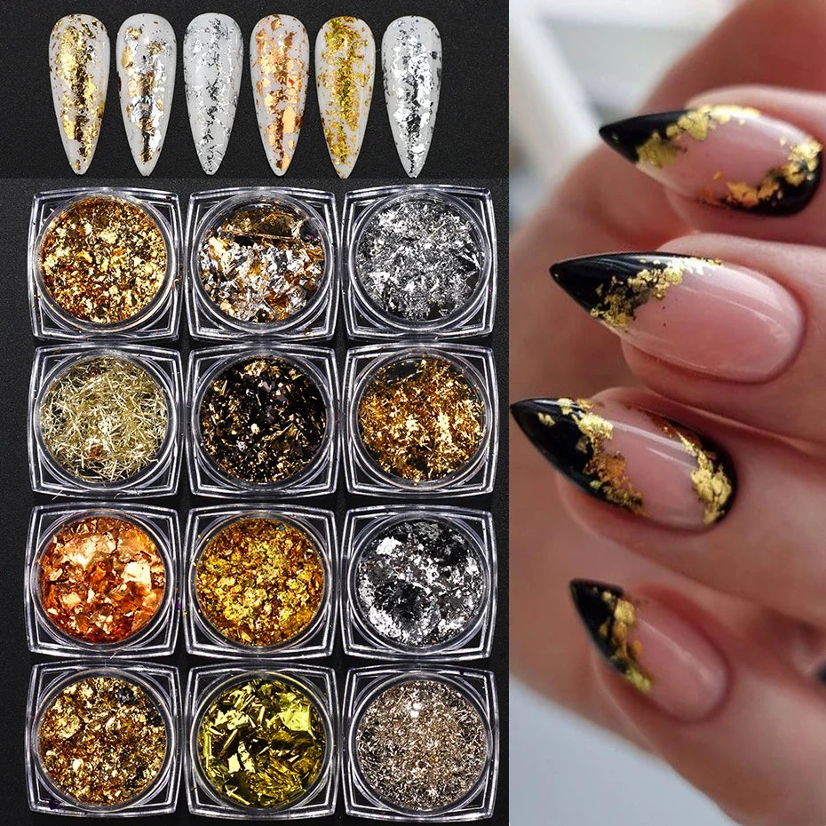 Gold Silver Holographic Nail Foil Flakes – 12pc Glitter Kit