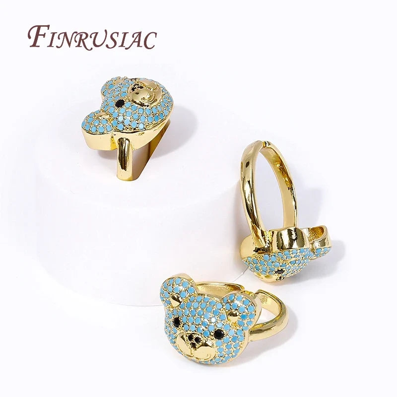 18K Gold Plated Zircon Bear Ring – Adjustable Open Ring