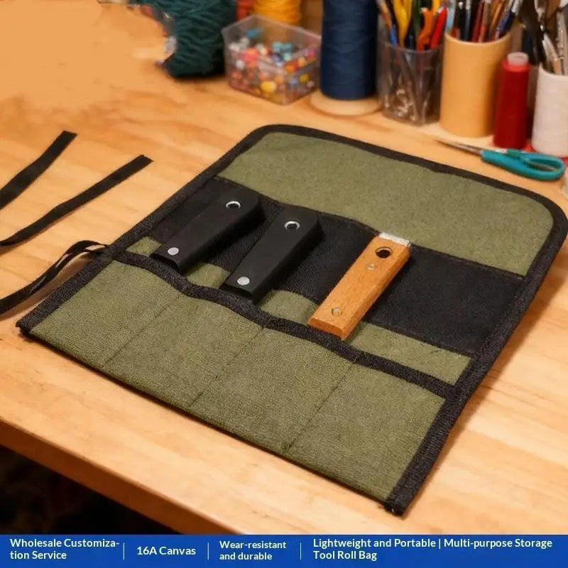 Multi-Pocket Roll-Up Canvas Tool Bag & Wrench Pouch