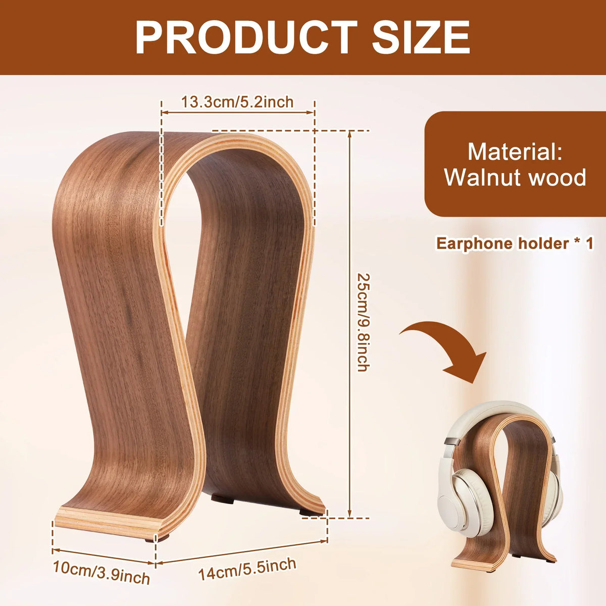 U-Shaped Walnut Wood Headphone Stand – Universal Desk Holder