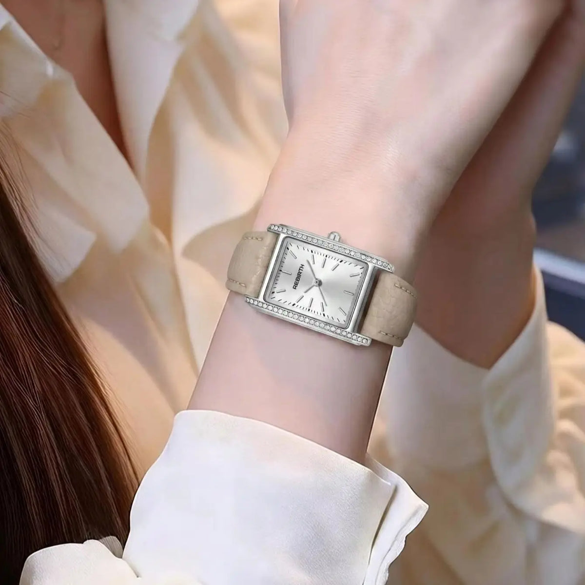 REBIRTH Women's Slim Square Dial Quartz Watch – Leather Strap
