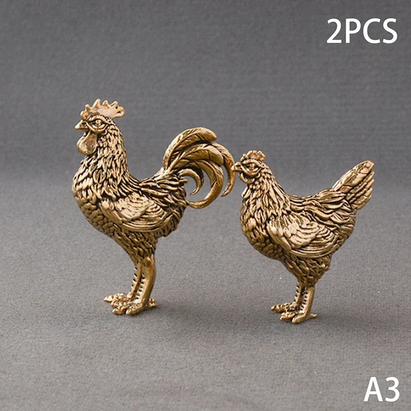 Solid Brass Rooster & Hen Miniature Statue Desk Ornament