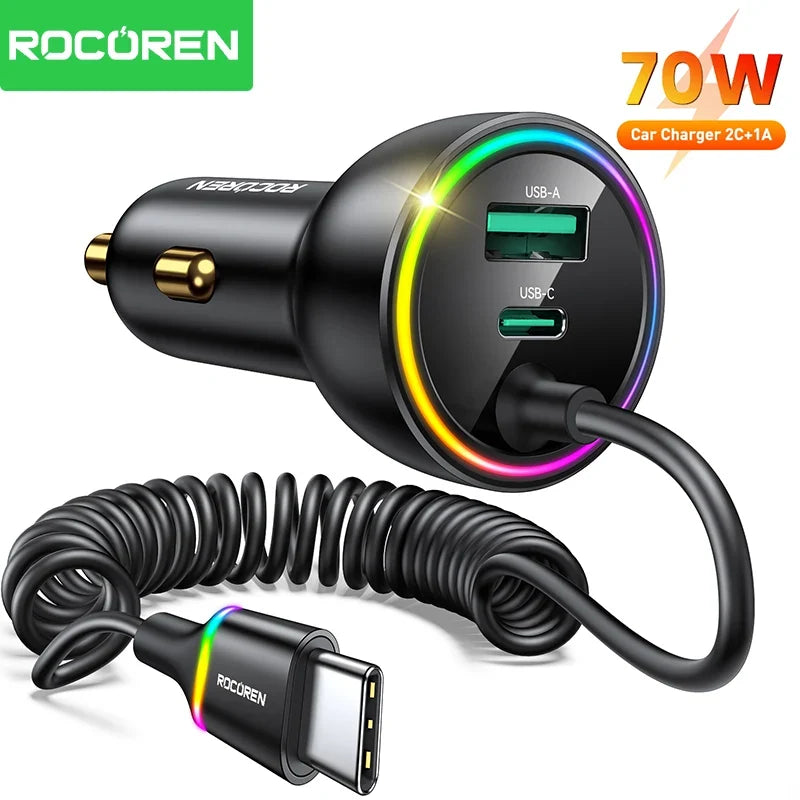 Rocoren 70W USB Car Charger PD 35W Fast Charge + Spring Cable