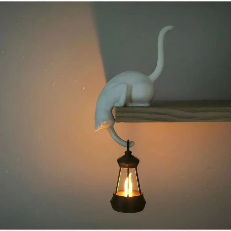 Witchy Gothic Cat Shelf Sitter Statue with Hanging Lantern