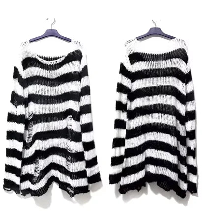 Women's Punk Gothic Oversized Striped Hollow Knit Pullover Sweater