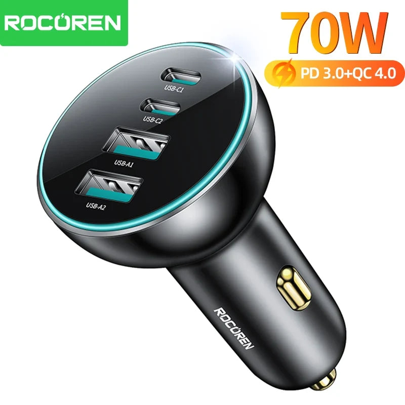 Rocoren 70W 4-in-1 USB-C Car Charger – PD & QC4.0