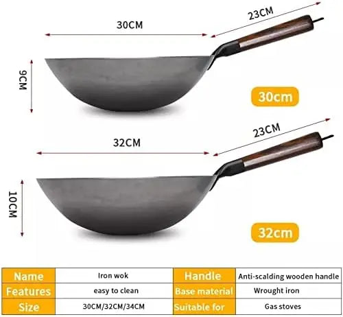 FEB.WIND Hand Forged Iron Wok – Non-Coating, Wooden Handle