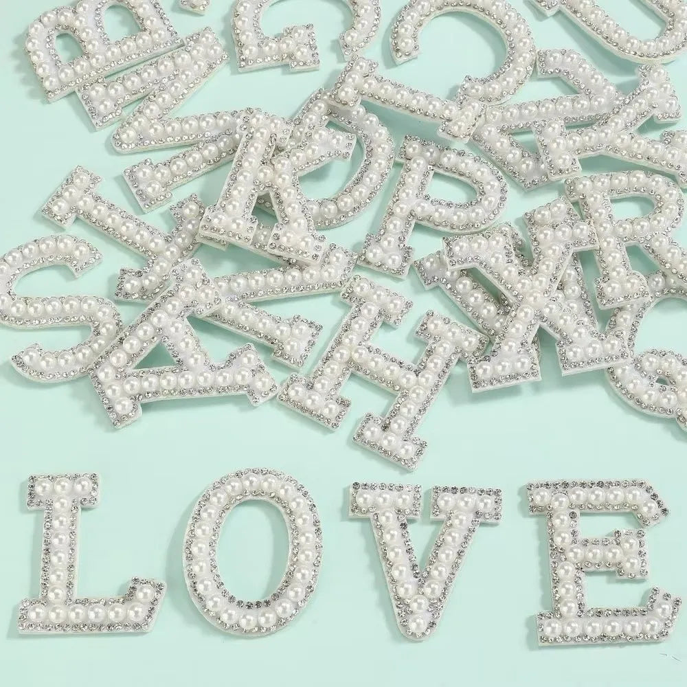 Pearl Rhinestone Letter Patches – Adhesive Non-Woven Appliqué