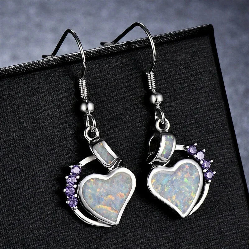 White Simulated Opal Heart Stud Earrings | Rhinestone Drop