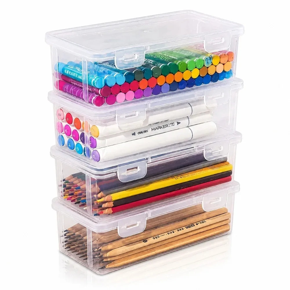 4Pcs Clear Plastic Storage Boxes with Lids – Desktop Organizer