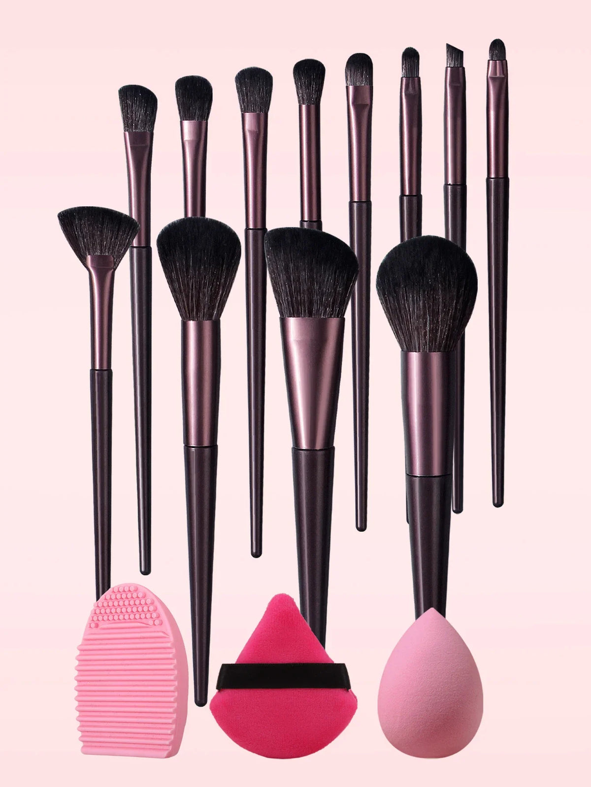 15-Piece Professional Makeup Brush Set with Puff & Cleaning Pad