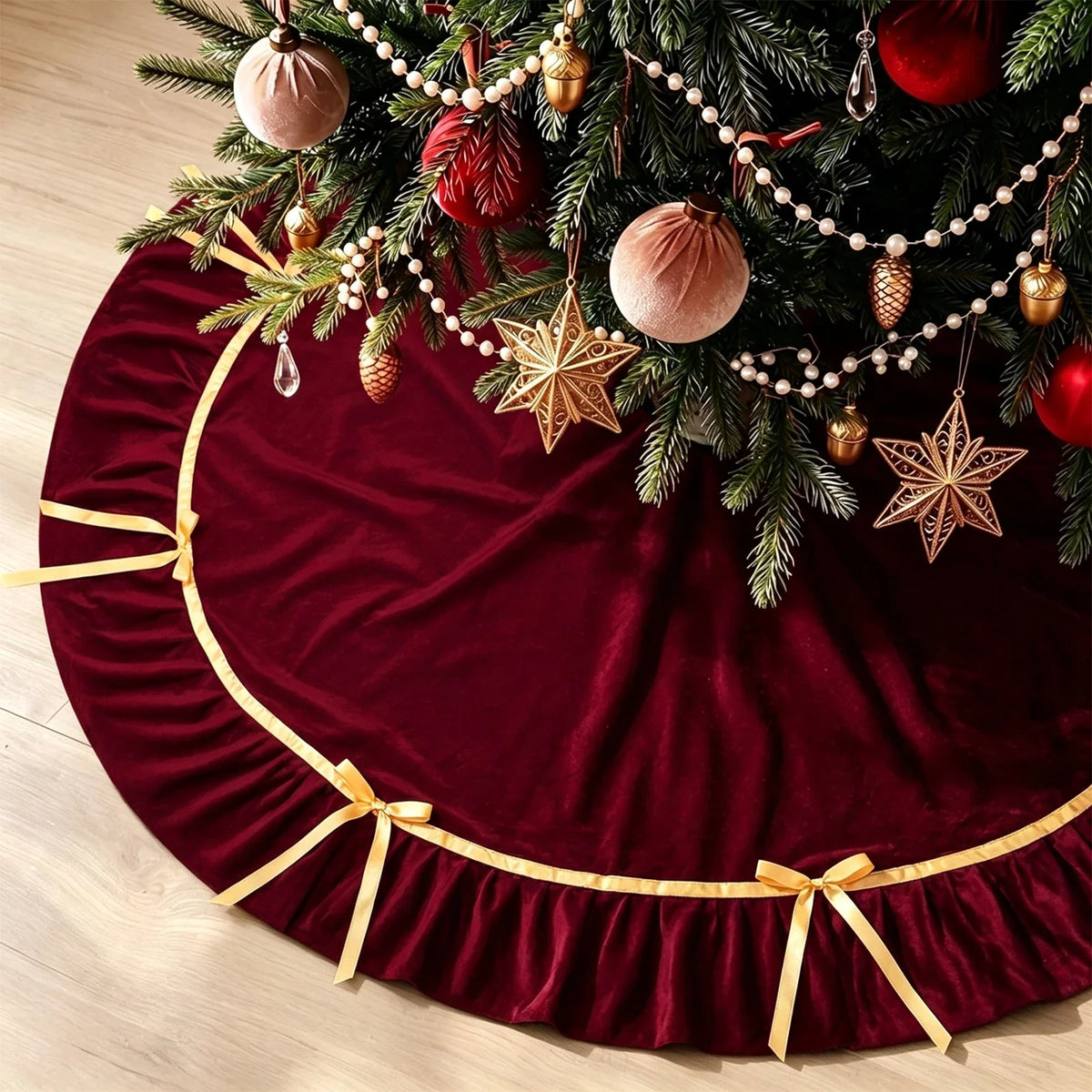Large 84" Ruffled Velvet Christmas Tree Skirt – Indoor & Outdoor
