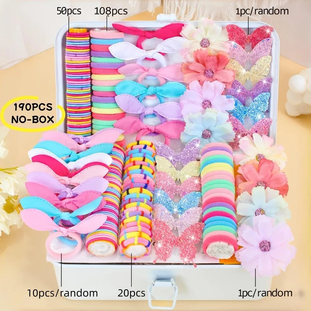 190 Pcs Girls Hair Accessories Set – Colorful Elastic Ties & Clips