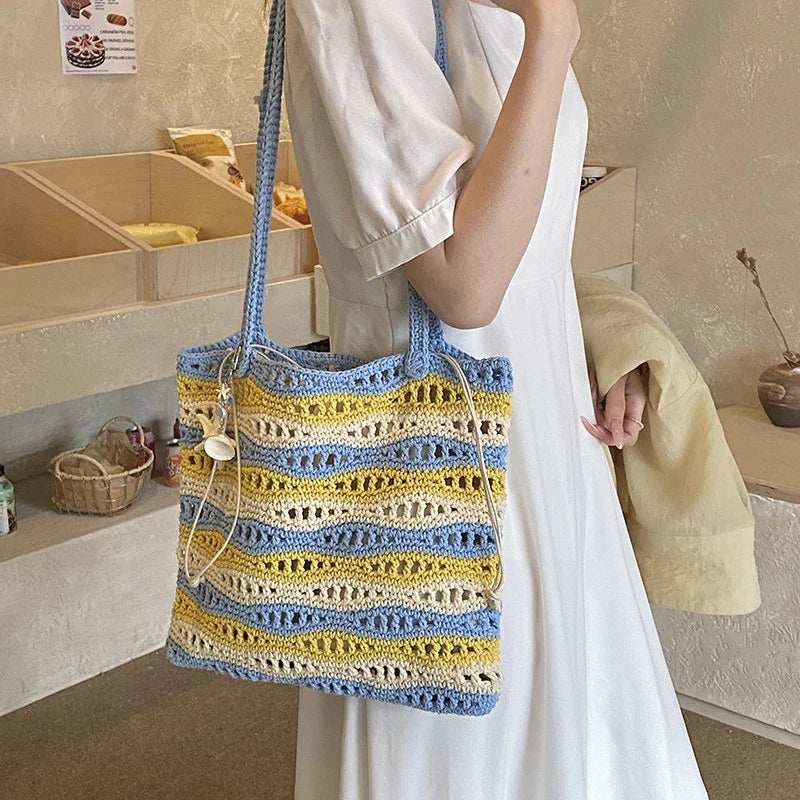 Women's Large Crochet Tote – Two-Tone Striped Shoulder Bag