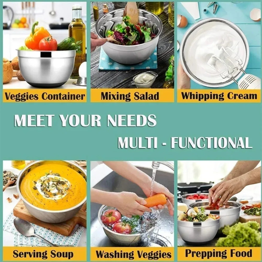 Stainless Steel Mixing Bowls with Airtight Lids & Silicone Base