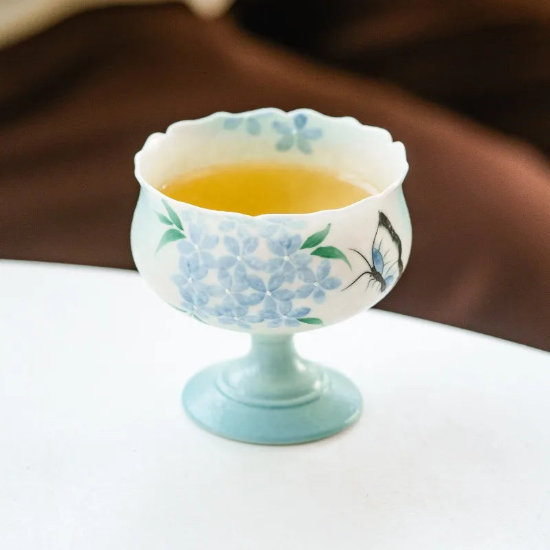 Hand-Drawn Blue Embroidered Butterfly Ceramic Teacup 80ml