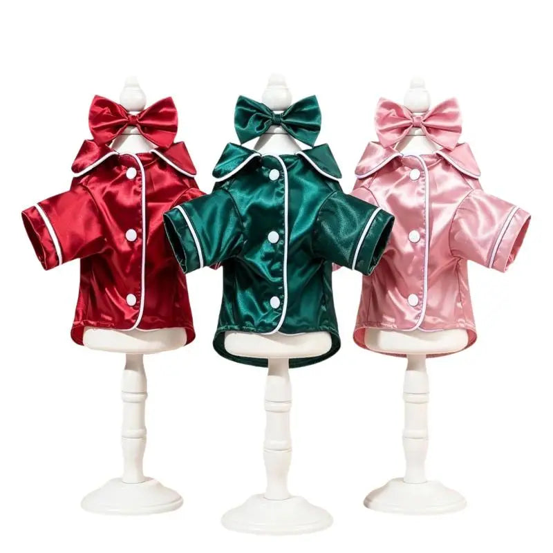 Satin Dog Pajamas Set with Bow Headband | Soft Pet Sleepwear