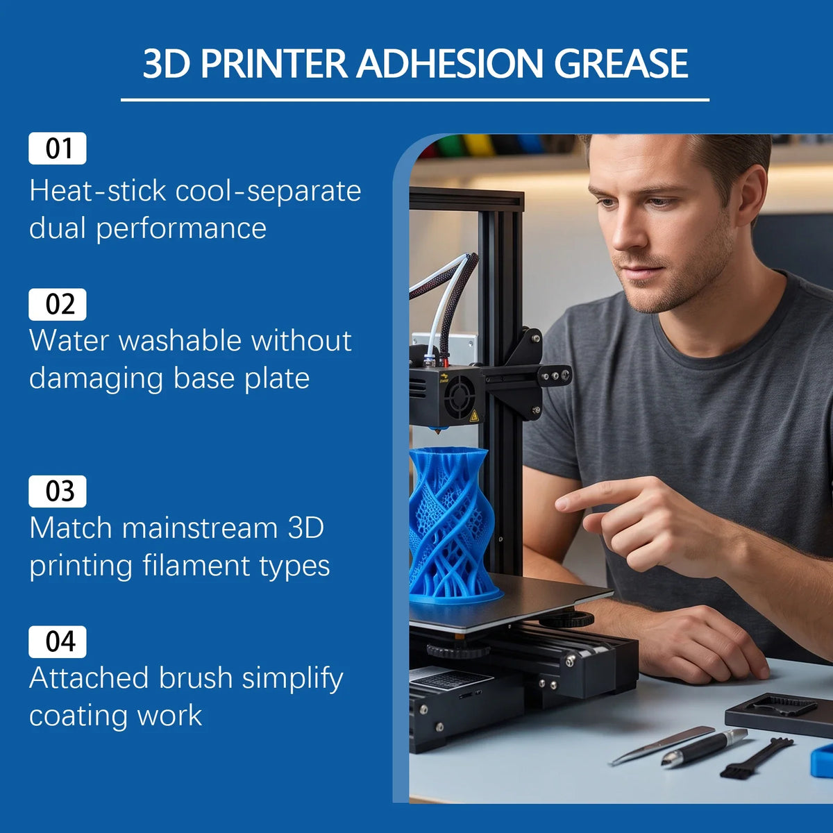 3D Printer Bed Adhesion Grease with Brush – PLA ABS PETG