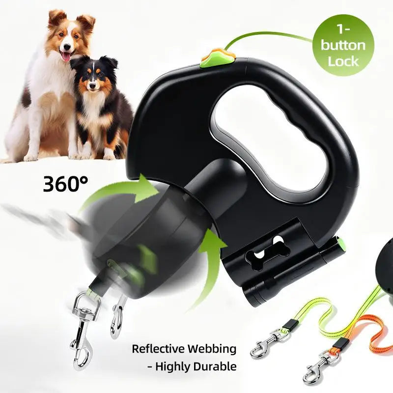 360° Double Dog Leash Retractable with Flashlight & Bag