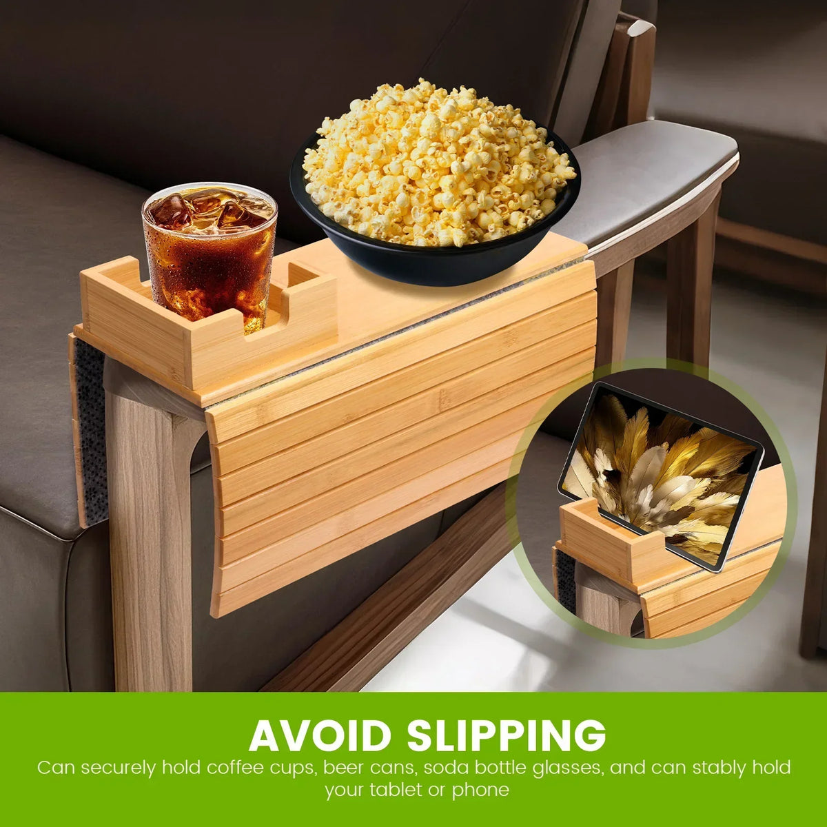 Wooden Sofa Arm Tray – Anti-Slip Couch Cup Holder Organizer