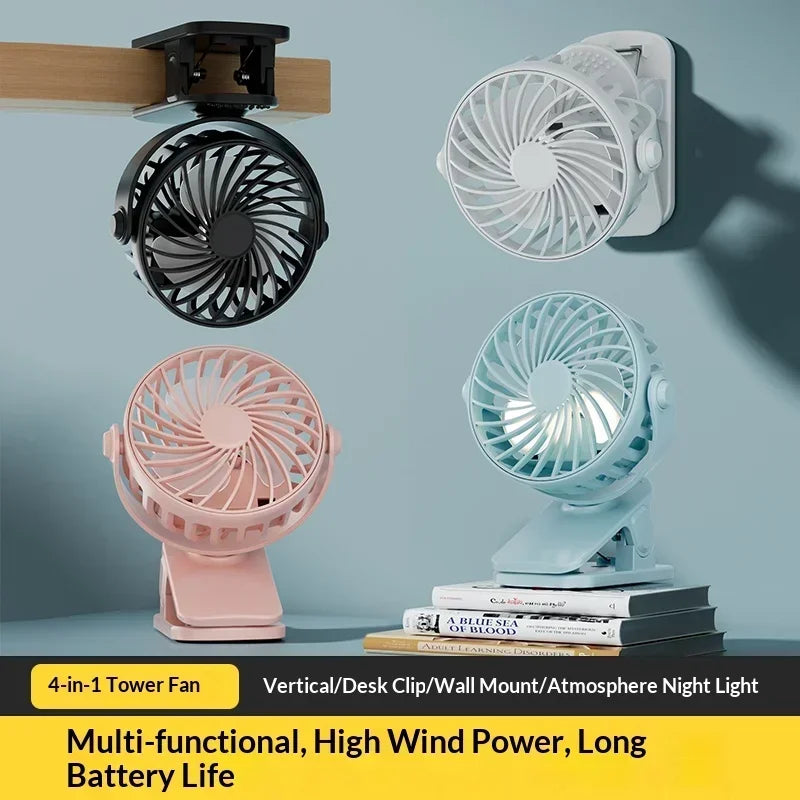 Portable Rechargeable Clip Fan – 720° Rotatable USB Desktop