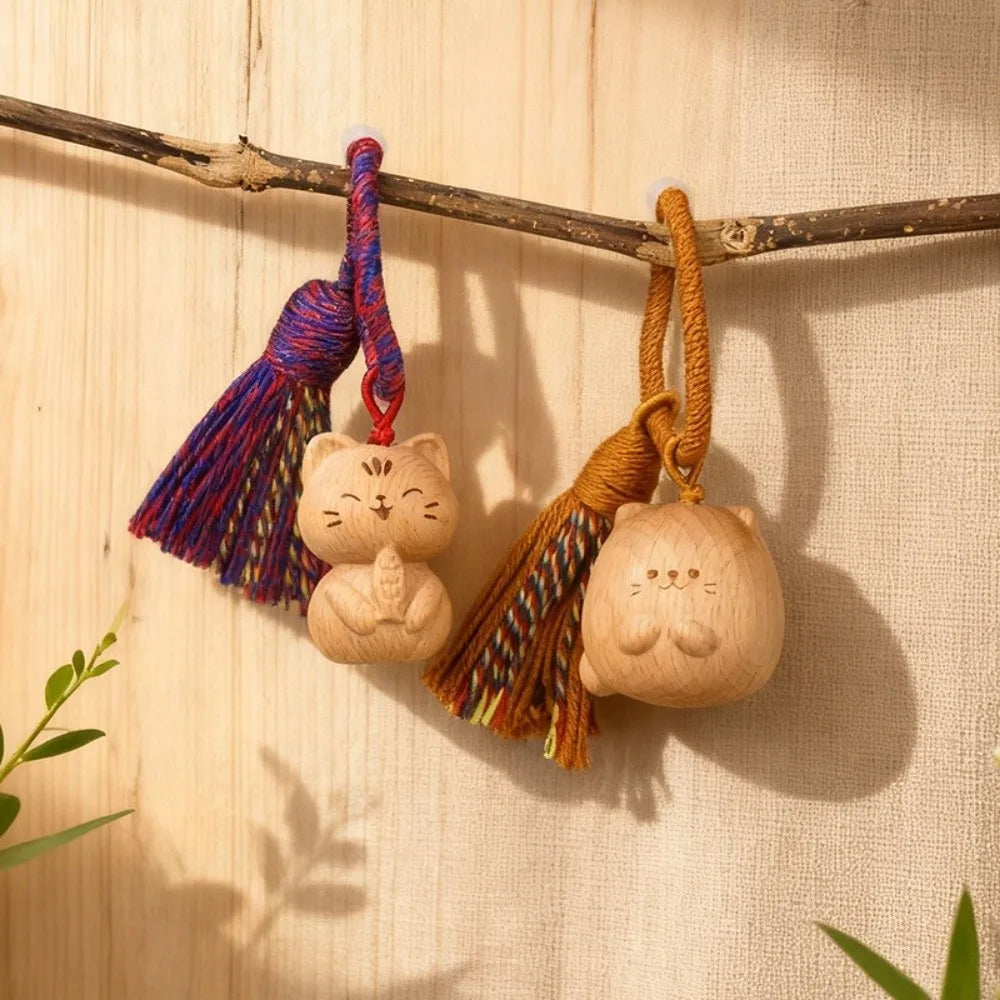 Hand Carved Wooden Cat Keychain with Tassel | Lucky Cat
