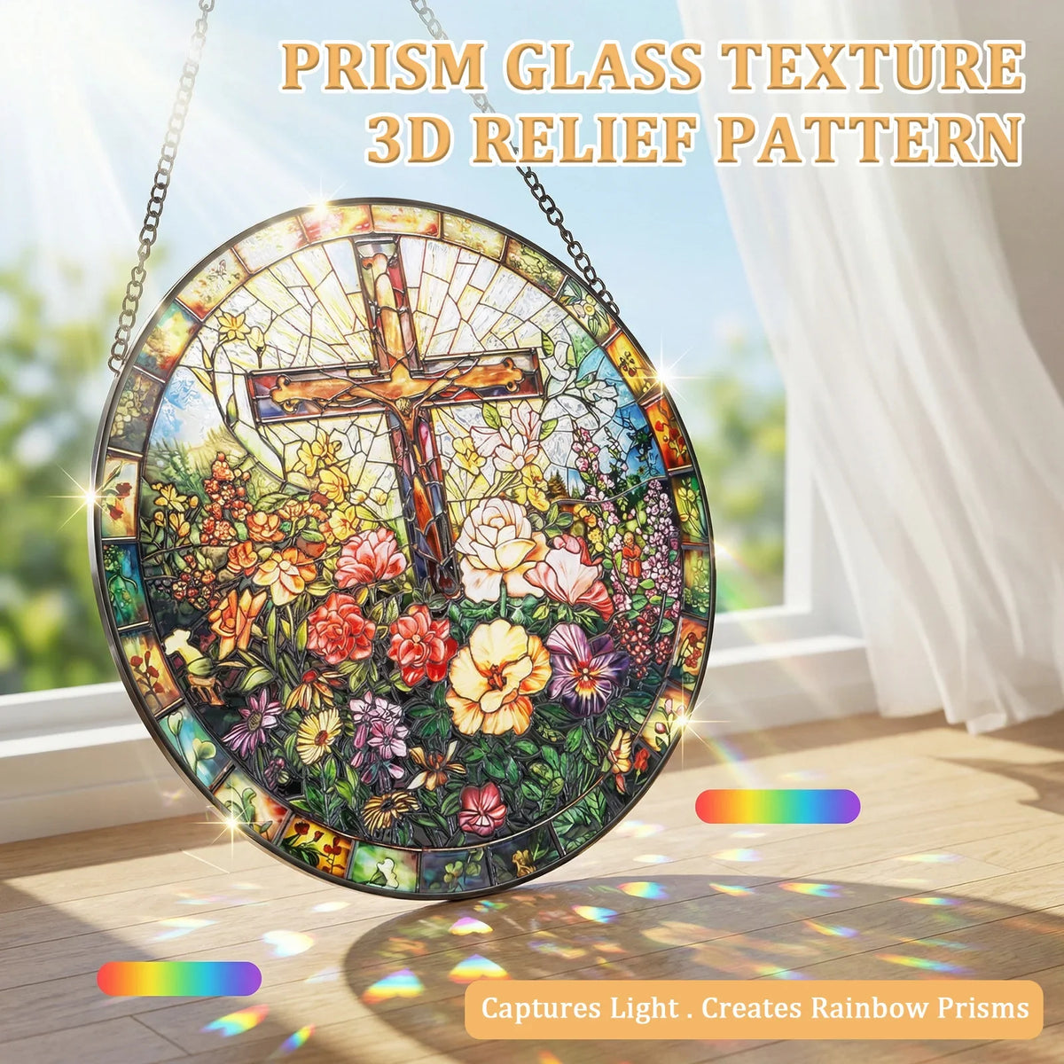 Stained Glass Cross Suncatcher 9.84" – Window Hanging Decor