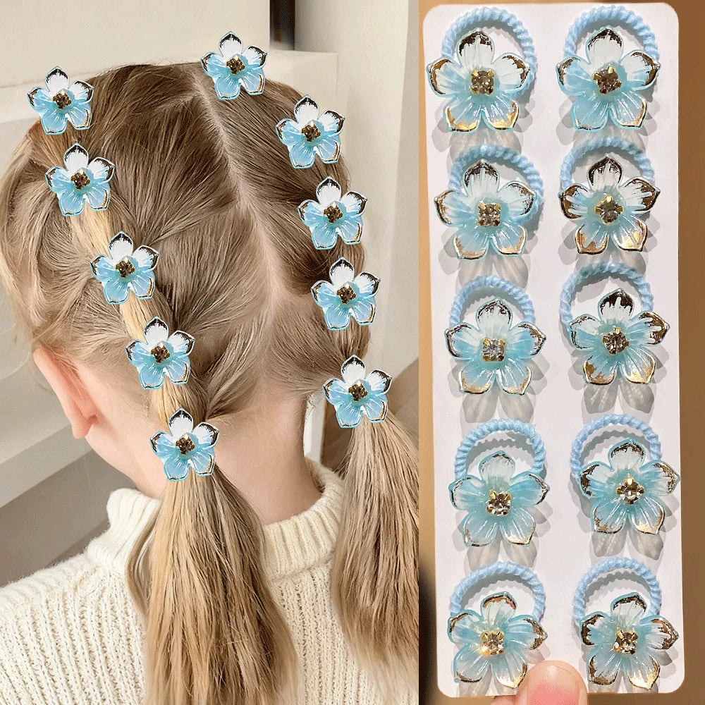 10pcs Girls Rhinestone Flower Elastic Hair Ties | Hair Bands