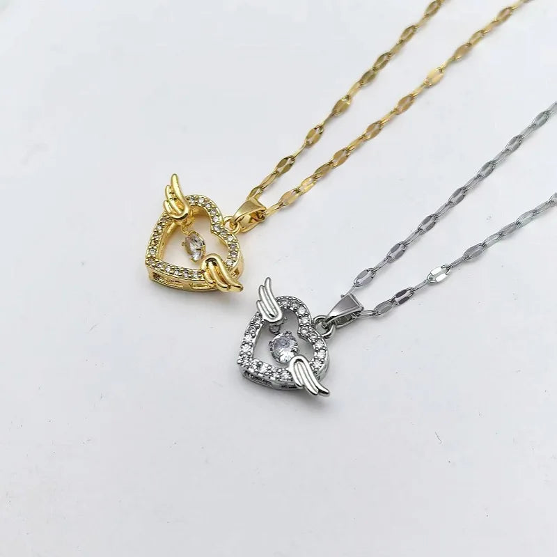 Love Heart Angel Wings Copper Pendant Necklace for Women