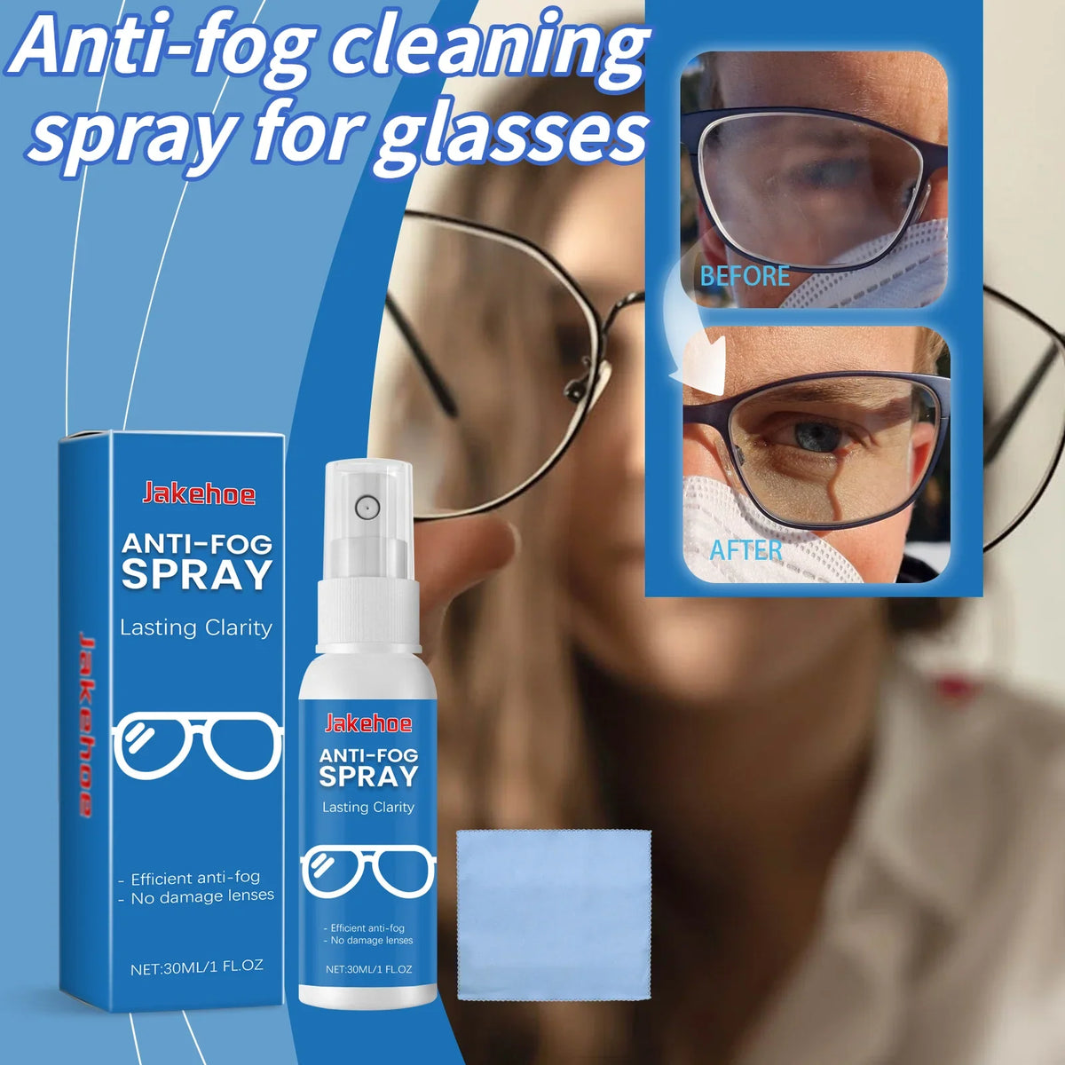 JAKEHOE Anti-Fog Eyeglass Cleaning Spray 30ml | Clear Lenses