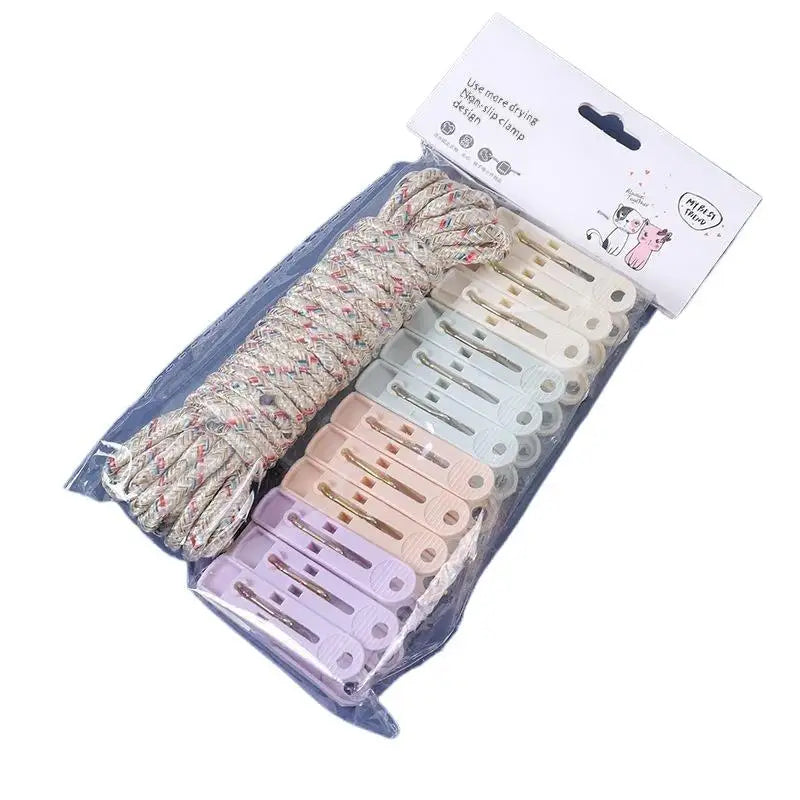 12-Clip Colorful Windproof Clothesline Set – Nylon Drying Clips