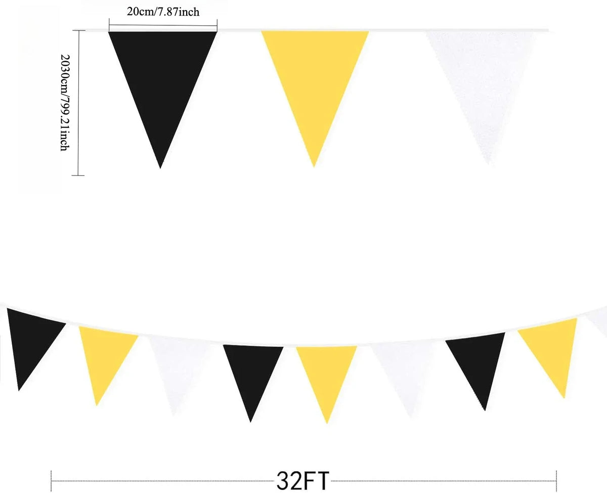 Yellow Black White Pennant Bunting Garland 33ft – 20 Flags