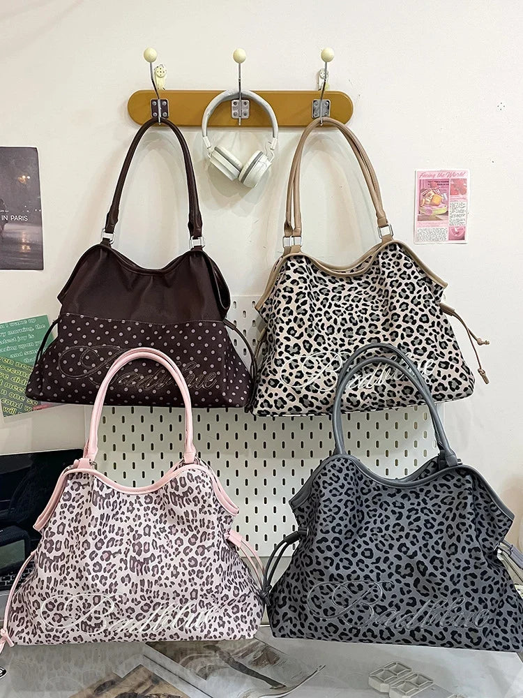 Women's Leopard Print Large Canvas Tote Bag | Drawstring Commuter