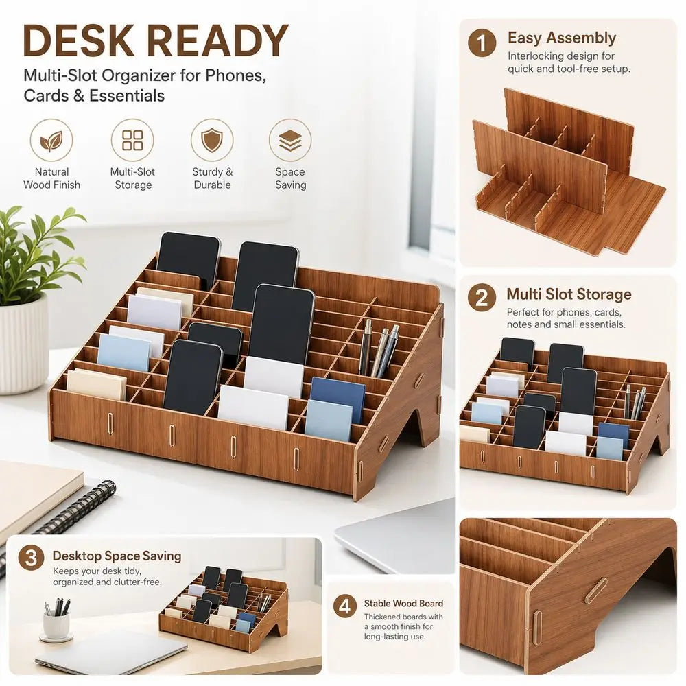 Wooden Multi-Grid Phone & Card Holder Desk Organizer Rack