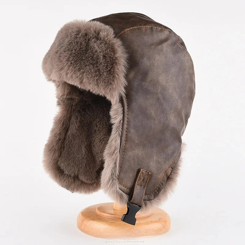 Faux Leather Fur-Lined Bomber Trapper Hat with Ear Flaps