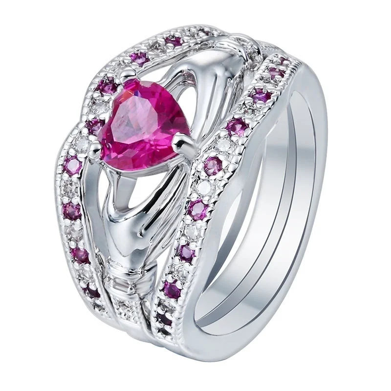 3-Pc Claddagh Amethyst Sterling Silver Ring Set – Sizes 5–12