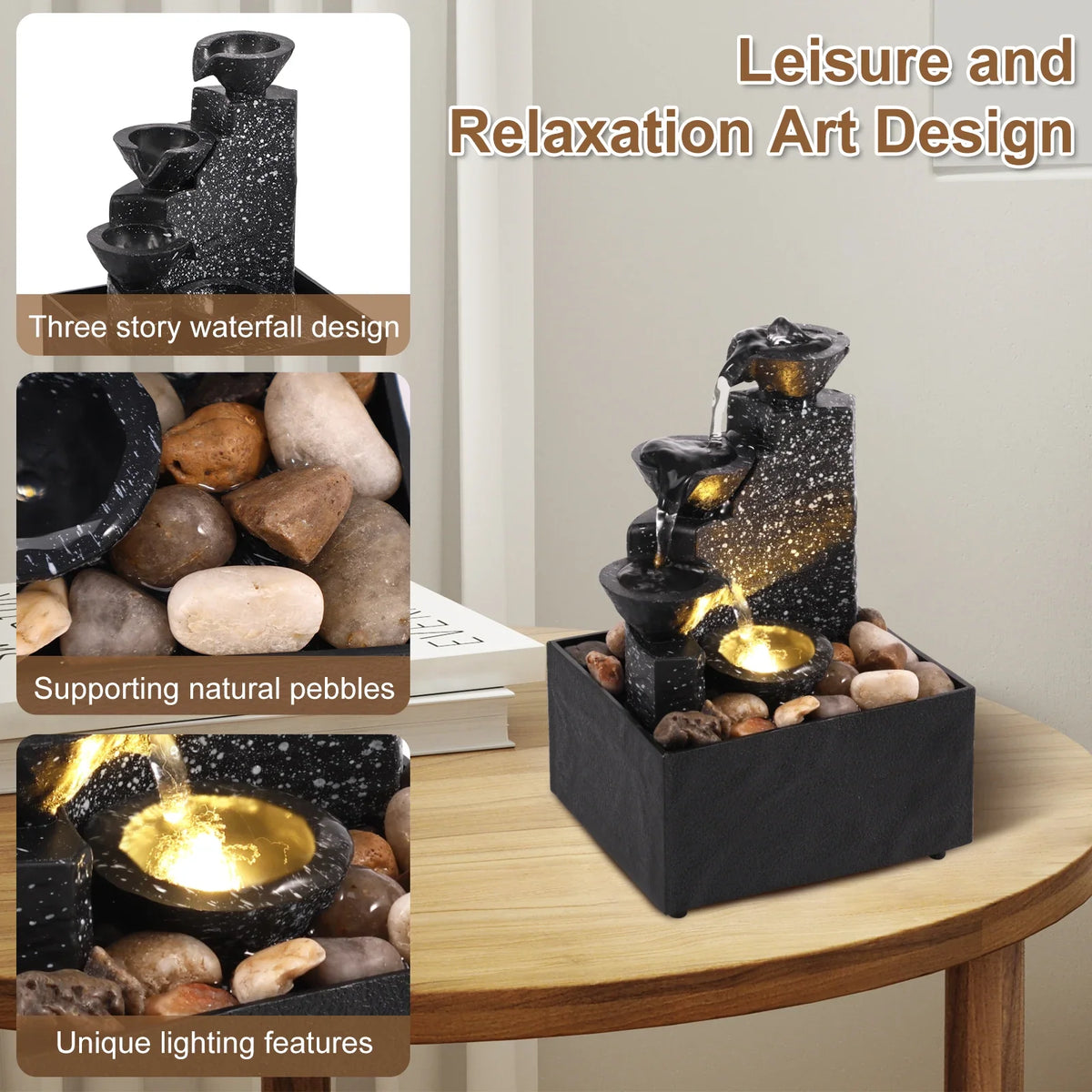 Tabletop Waterfall Fountain with LED Light & Natural Pebbles