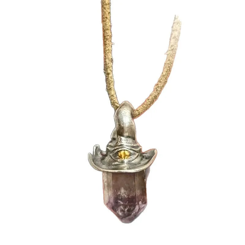 Natural Amethyst Hexagonal Crystal Witch Hat Pendant Necklace
