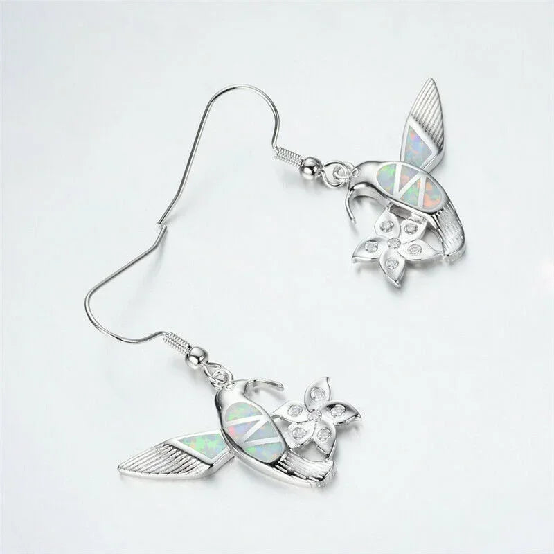 White Simulated Opal Bird Flower Crystal Stud Earrings