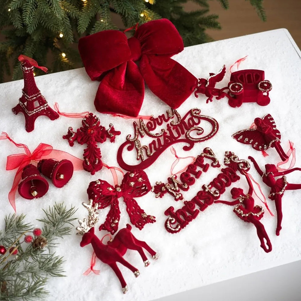 Velvet Elk Christmas Tree Ornament – Red Bow Pendant Decor