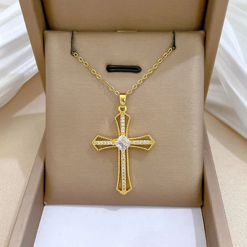 Gold Cross Pendant Necklace – Stainless Steel Choker for Women