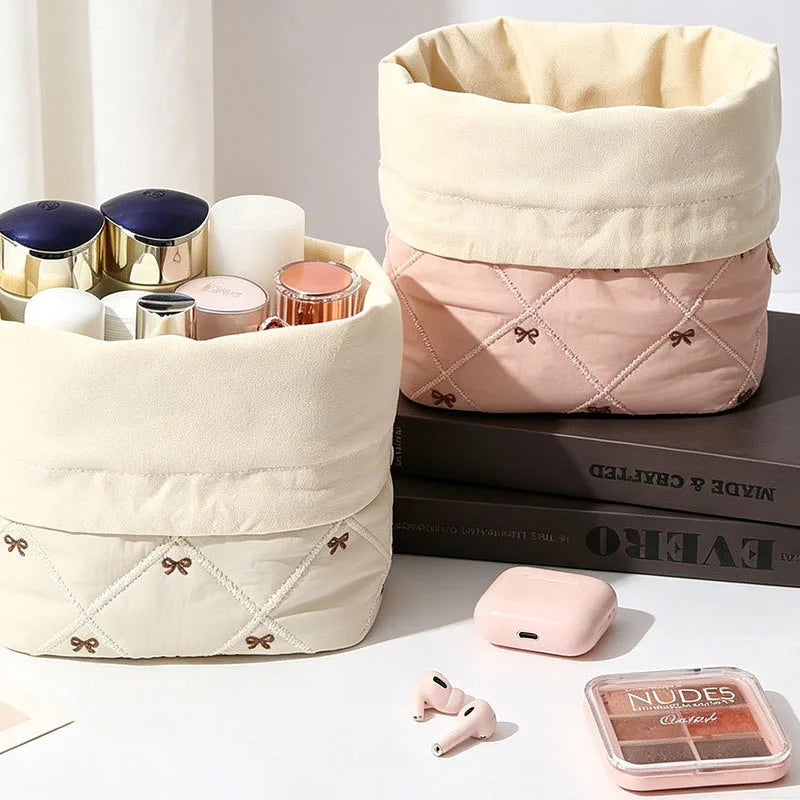 Quilted Drawstring Makeup Bag – Bow Embroidery Travel Organizer
