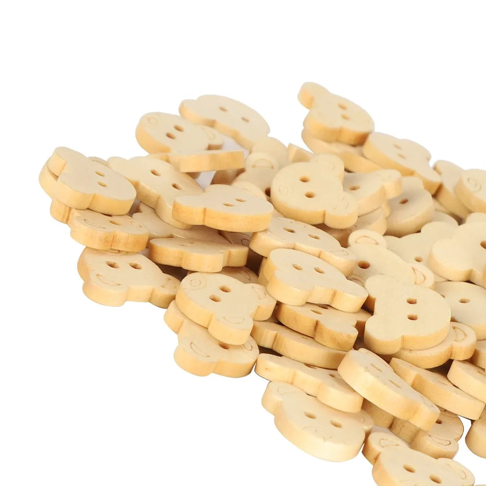 100pcs Wooden Bear Buttons 21mm Natural 2-Hole Sewing Craft