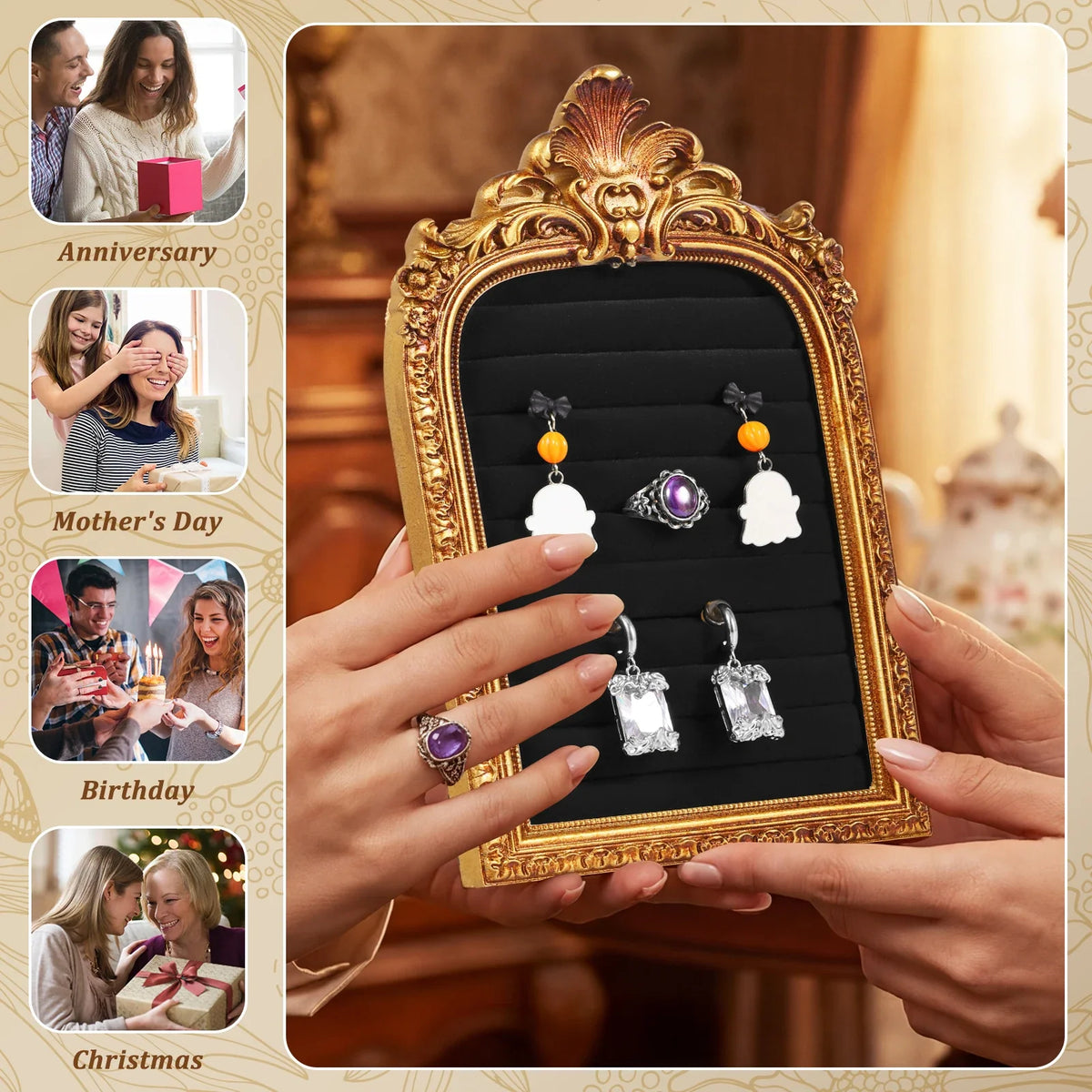 Vintage Gold Ring Display Stand & Velvet Earring Tray | Baroque